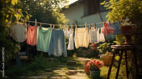 Children's clothing dries on a clothesline in the backyard outside in the sunlight after being washed. Rope with clean clothes outdoors on laundry day
