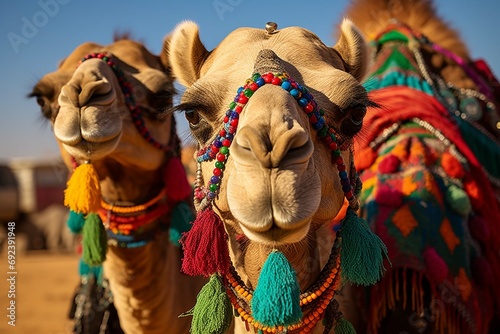 Zoom in on individual camels adorned with intrication
