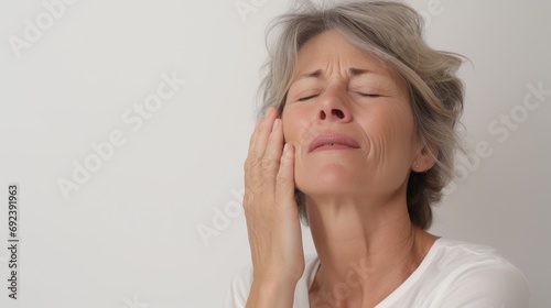 Close up photo of a middle aged Caucasian woman isolated on white background touching her face and closing eyes with expression of horrible suffer from and aching tooth