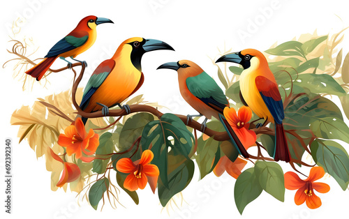 Tropical birds on a branch, Generative AI