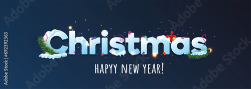 Christmas background cover. Happy New Year cover banner for Christmas. 2024 banner. 2024 New year banner with snow. New Year Celebrations. Christmas decoration and confetti on blue. Winter Background.