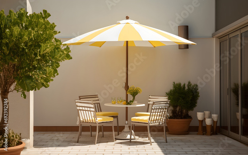 Cozy chairs and a table under the shade of a bright umbrella., Generative AI