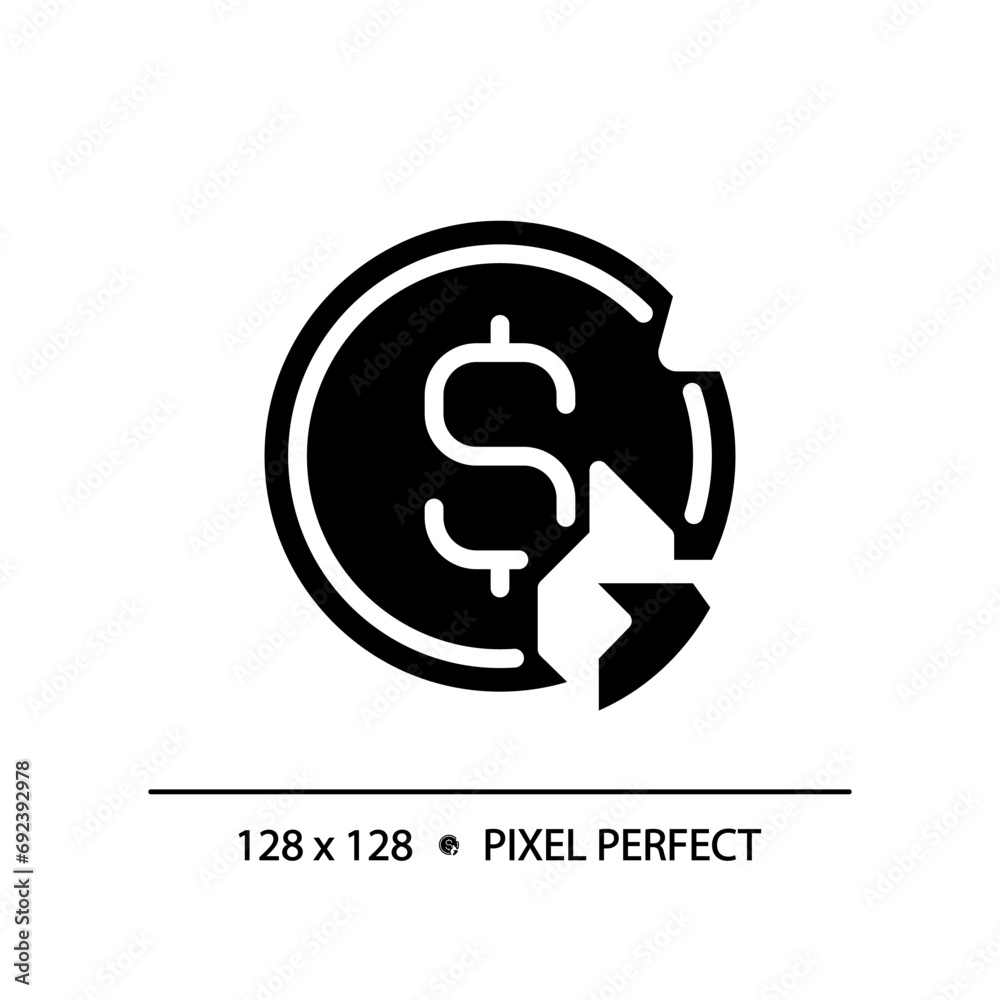 2D pixel perfect glyph style broken coin icon, solid isolated vector, simple silhouette illustration representing economic crisis. 2D pixel perfect glyph style broken coin icon, solid isolated vector, simple silhouette illustration representing economic crisis.