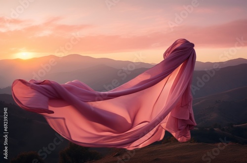 Pink Silk Fabric Flying Over Sunset Mountains