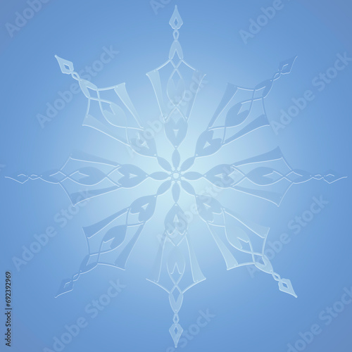 Beautiful blue snowflake with gradient fill. Winter, New Year and Christmas background for holiday card.