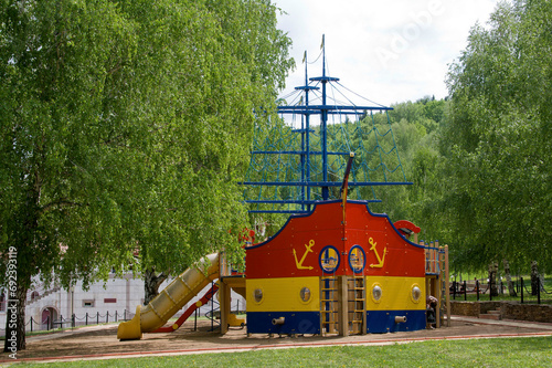 beautiful wooden ship built on a playground for play . Resort Krasnousolsky photo