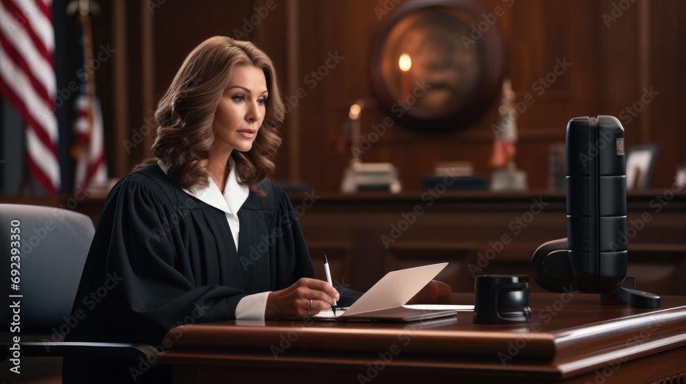 Female judge during an online trial. Video call in front of laptop monitor. Focus on the judge's gavel Female judge during an online trial. Video call in front of laptop monitor. Focus on the judge's gavel