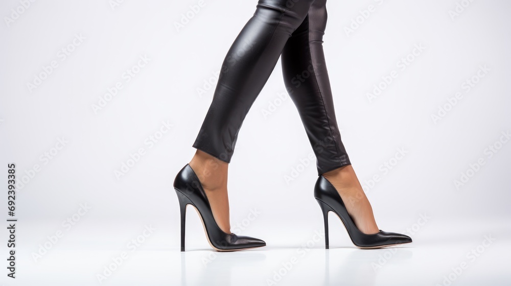 Female legs in a black high heeled shoes on a white background Female legs in a black high heeled shoes on a white background