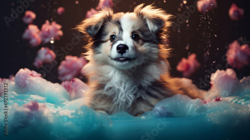 Puppy  bath and bubbly bliss for adorable cleanliness and joyful pampering. Wet fur  playful bubbles and gentle care. This scene is perfect for pet grooming services  care blogs and heartwarming visu