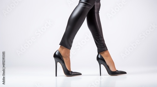 Female legs in a black high heeled shoes on a white background