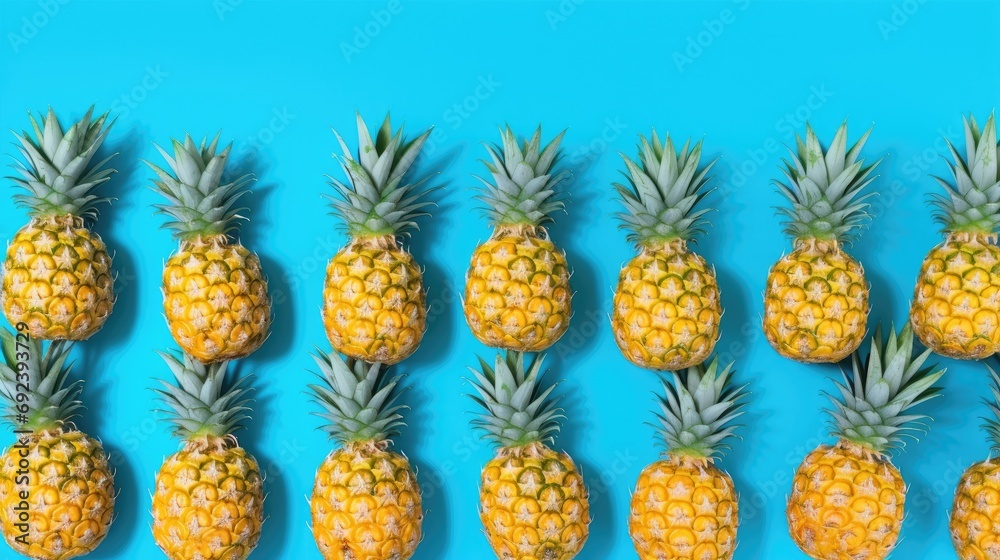 A large pineapple on a plain blue background. Ripe fruit. The concept of rest and summer. A large pineapple on a plain blue background. Ripe fruit. The concept of rest and summer.