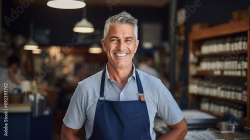 Grocery store owner. A middle aged Caucasian man in blue apron smiling and looking at camera. Small business in a country of equal opportunities. He stands and openly smiles looking at the camera