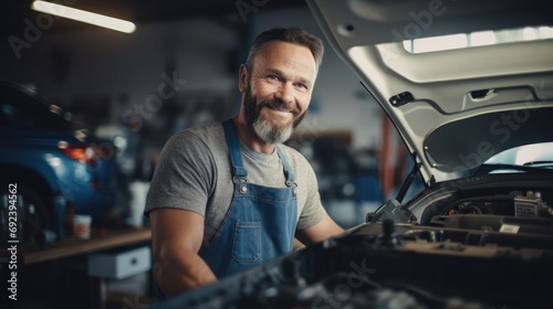 Foto Man repairing a car in auto repair shop