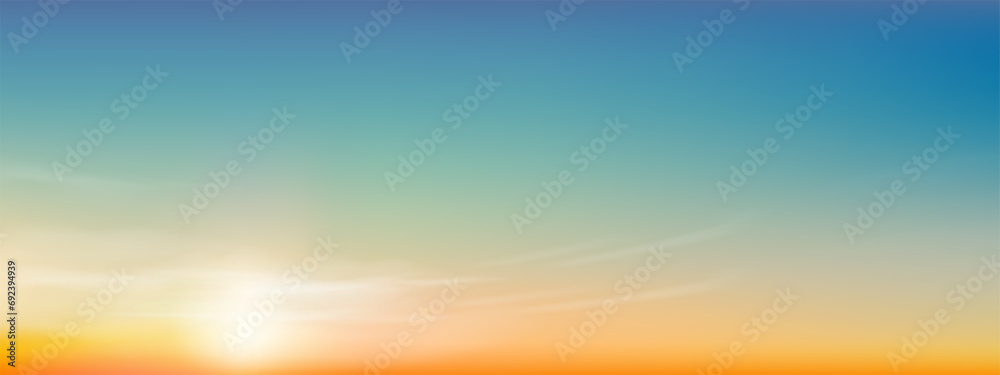 Sky Blue Background,Horizon Clear Sky,Cloud Over Beach in Summer Evening,Vector illustration Landscape Sunset Field,Panorama Banner Nature Sun with Sunrise in Yellow,Orange Sky in Morning Spring