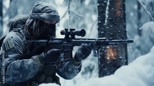 Military sniper in the winter forest. The concept of special operations behind enemy lines. The sniper aims at the enemy