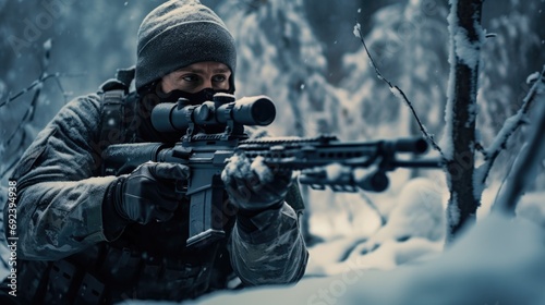 Military sniper in the winter forest. The concept of special operations behind enemy lines. The sniper aims at the enemy
