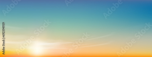 Sky Blue Background,Horizon Clear Sky,Cloud Over Beach in Summer Evening,Vector illustration Landscape Sunset Field,Panorama Banner Nature Sun with Sunrise in Yellow,Orange Sky in Morning Spring