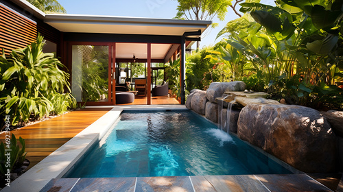 stunning backyard small spa pool with beautiful garden surorunds, modern australian home © l1gend