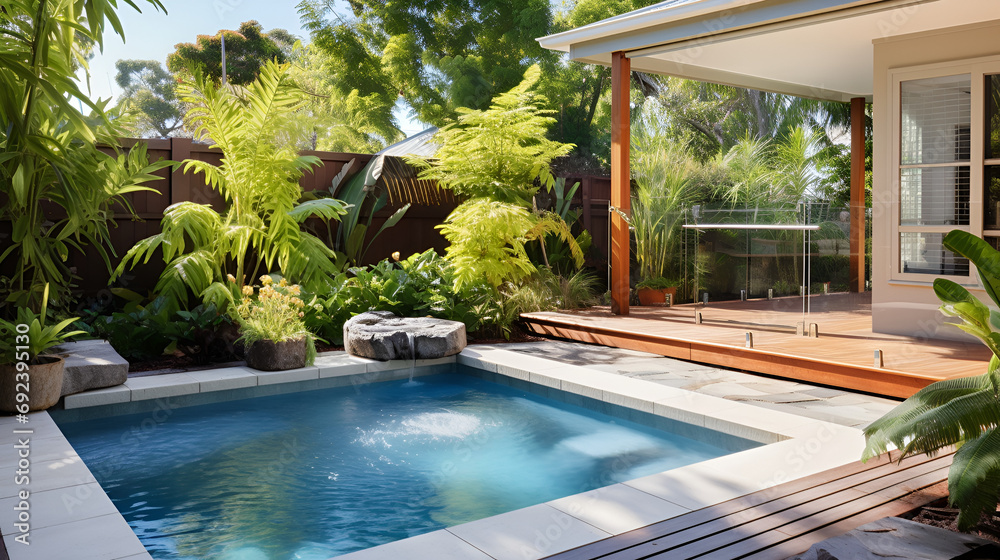 stunning backyard small spa pool with beautiful garden surorunds, modern australian home