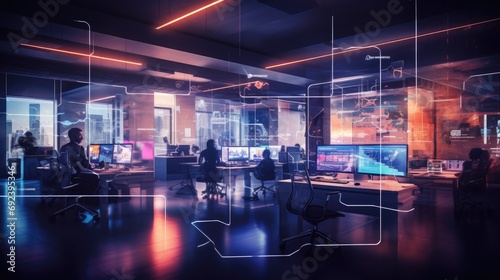 Modern neon cyberpunk open space office interior blurred with information technology overlay. Corporate strategy for finance, operations, marketing photo