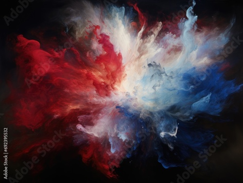 A painting of red, white, and blue smoke. Generative AI.