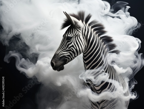 A zebra standing in a cloud of smoke. Generative AI.