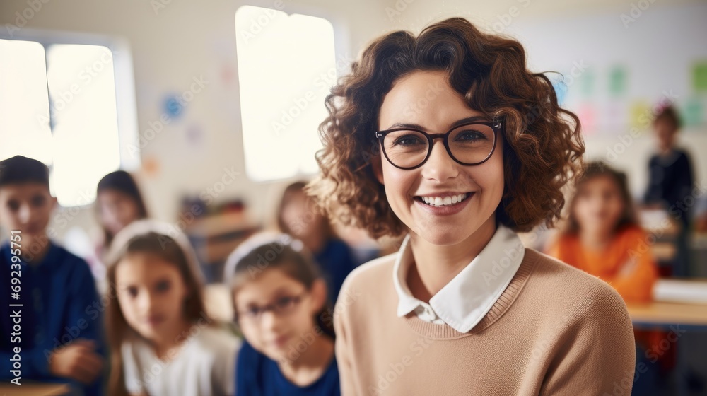 Photo of a smiling female Caucasian teacher in a class at elementary school looking at camera with learning students on background Photo of a smiling female Caucasian teacher in a class at elementary school looking at camera with learning students on background