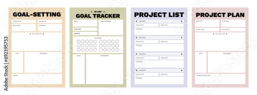 Colorful Set of Printable Vector Project Planner, Goal Setting and Tracker Template	
