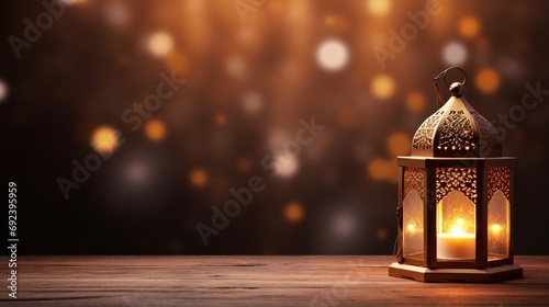 burning candle on bokeh lights background with copy space generated by AI tool