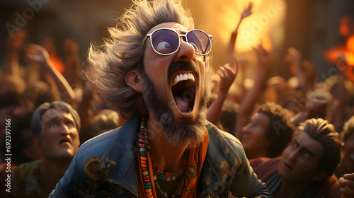 Fotografie, Obraz Hippie man with glasses and beard with ecstatic shouting at a vibrant music fest