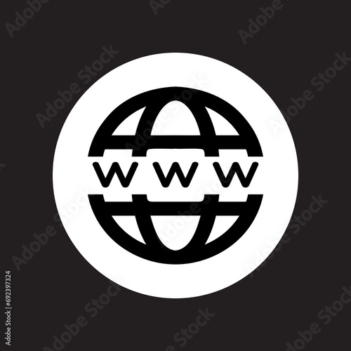 Www icon vector. Website internet logo design.  World wide web internet vector icon illustration in circle isolated on black background