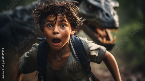 Terrified boy in a thrilling escape from a dinosaur in a dramatic adventure