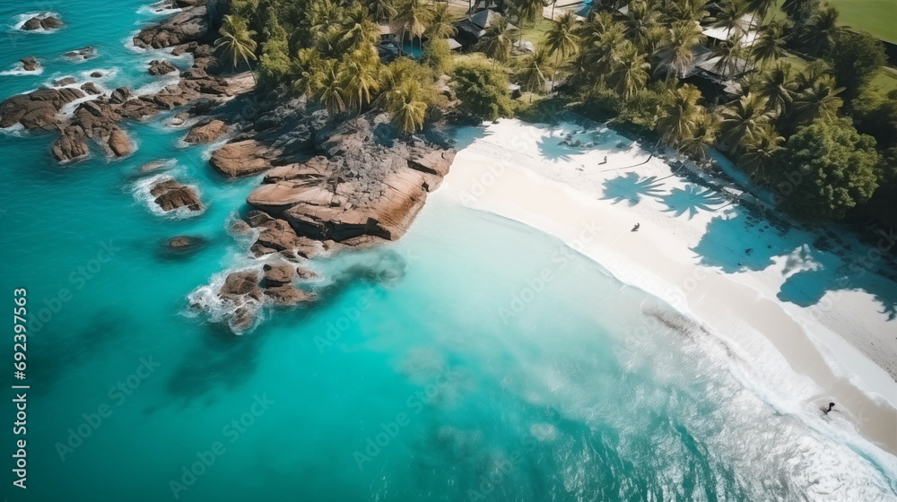 Drone bird's eye view of tropical beach seaside resort with few people on the sandy coconut tree shoreline.