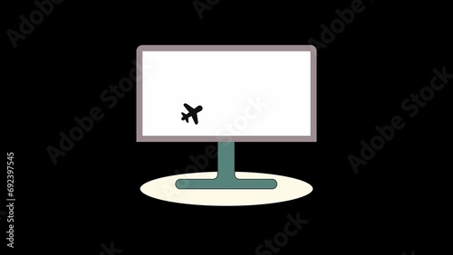 Computer monitor with a minimalist airplane icon on the screen icon on a black abstract background.