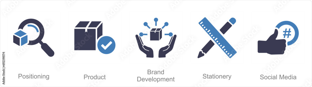 A set of 5 Branding icons as positioning, product, brand development A set of 5 Branding icons as positioning, product, brand development