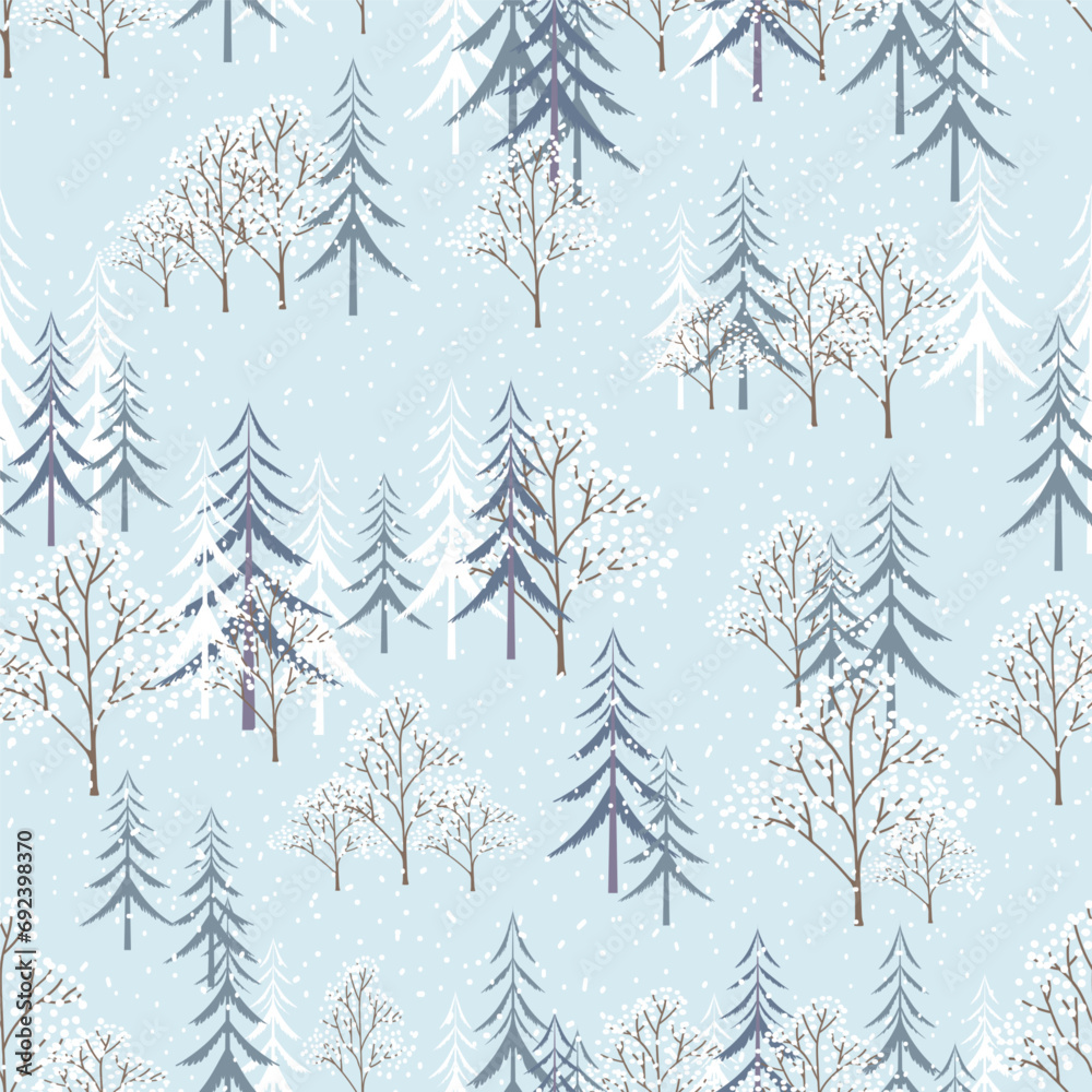 Winter Background,Seamless pattern pine tree covering with snow on blue background,Cute winter cartooon repeat pattern background for wrapping paper, gift, ornaments on Merry Card Christmas,New Year