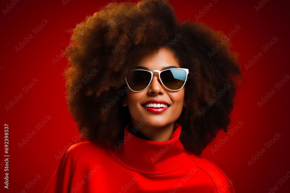 Woman with red shirt and sunglasses on her head and red background.
