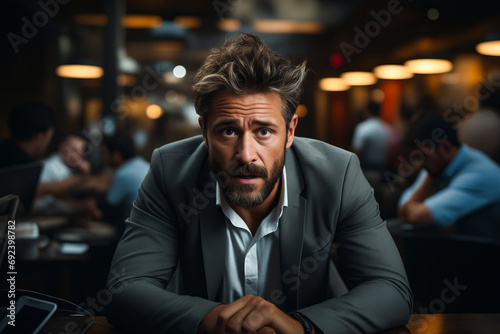 Man with beard and suit jacket sitting at table.
