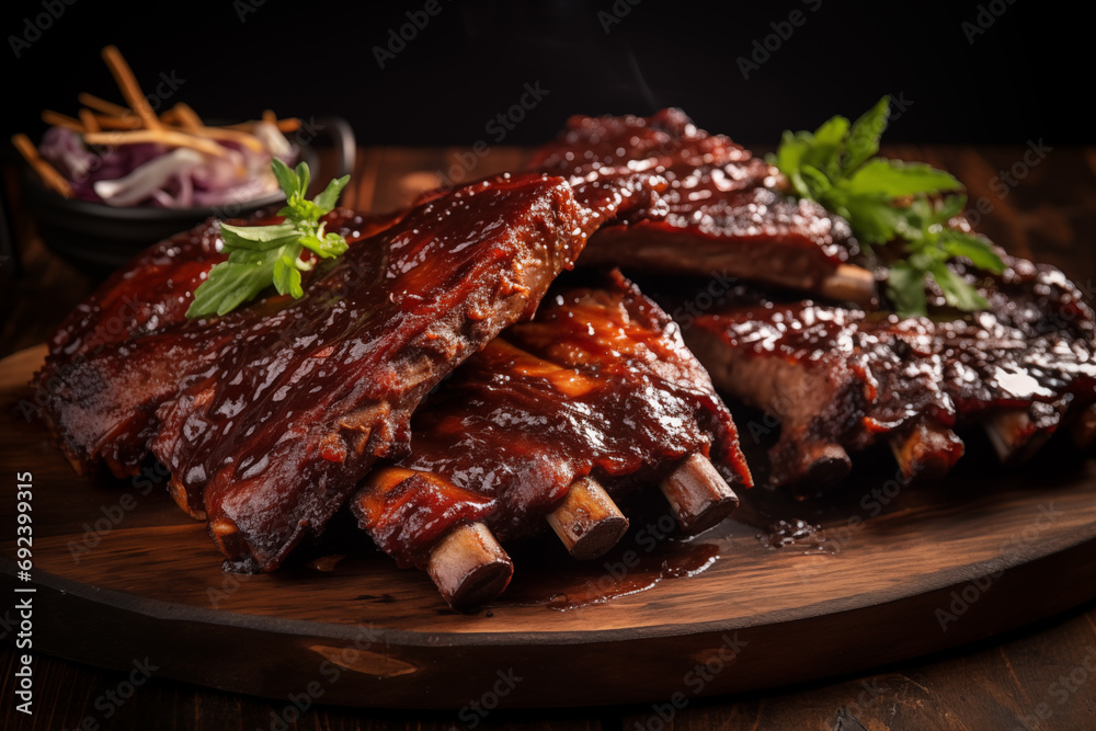 A platter of slow-cooked ribs, glazed with a sweet and tangy barbecue sauce, ready to be enjoyed with a side of coleslaw. A platter of slow-cooked ribs, glazed with a sweet and tangy barbecue sauce, ready to be enjoyed with a side of coleslaw.