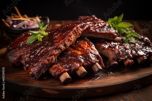 A platter of slow-cooked ribs, glazed with a sweet and tangy barbecue sauce, ready to be enjoyed with a side of coleslaw.