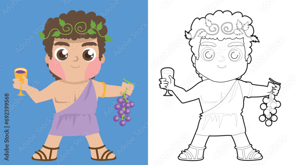 Colouring cute Greek gods cartoon character. Coloring Dionysus the god of wine (fruitfulness). Simple coloring page for kids. Fun activity for kids. Educational printable coloring worksheet. Vector. Colouring cute Greek gods cartoon character. Coloring Dionysus the god of wine (fruitfulness). Simple coloring page for kids. Fun activity for kids. Educational printable coloring worksheet. Vector.