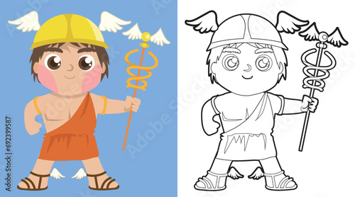 Colouring cute Greek gods cartoon character. Coloring Hermes god of travel and trade. Simple coloring page for kids. Fun activity for kids. Educational printable coloring worksheet. Vector.