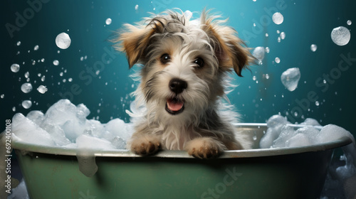 Puppy, bath and bubbly bliss for adorable cleanliness and joyful pampering. Wet fur, playful bubbles and gentle care. This scene is perfect for pet grooming services, care blogs and heartwarming visu