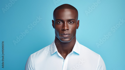 Portrait of a handsome elegant sexy African man with dark and perfect skin, on a light blue background.