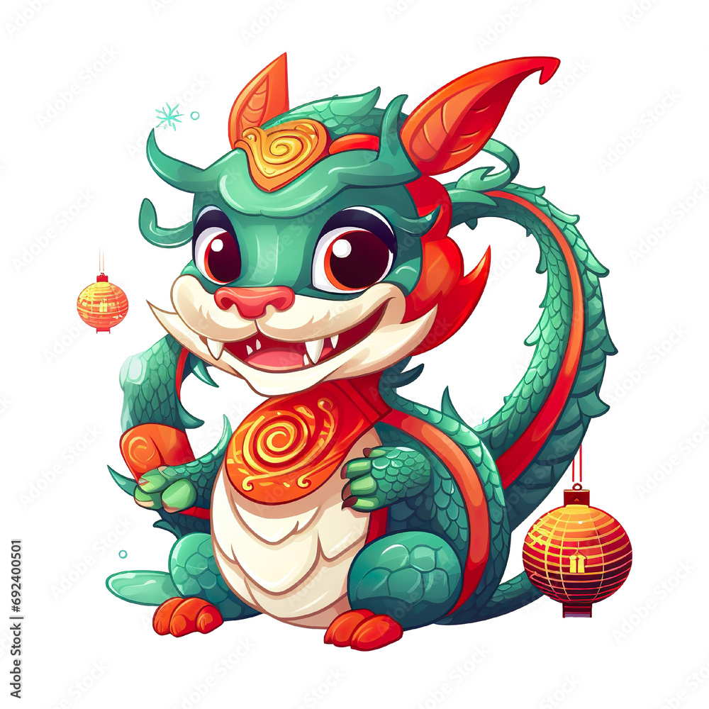 Naklejka premium cute Chinese dragon Christmas and Lunar New Year theme, white isolated background PNG, cartoon style, animal designations