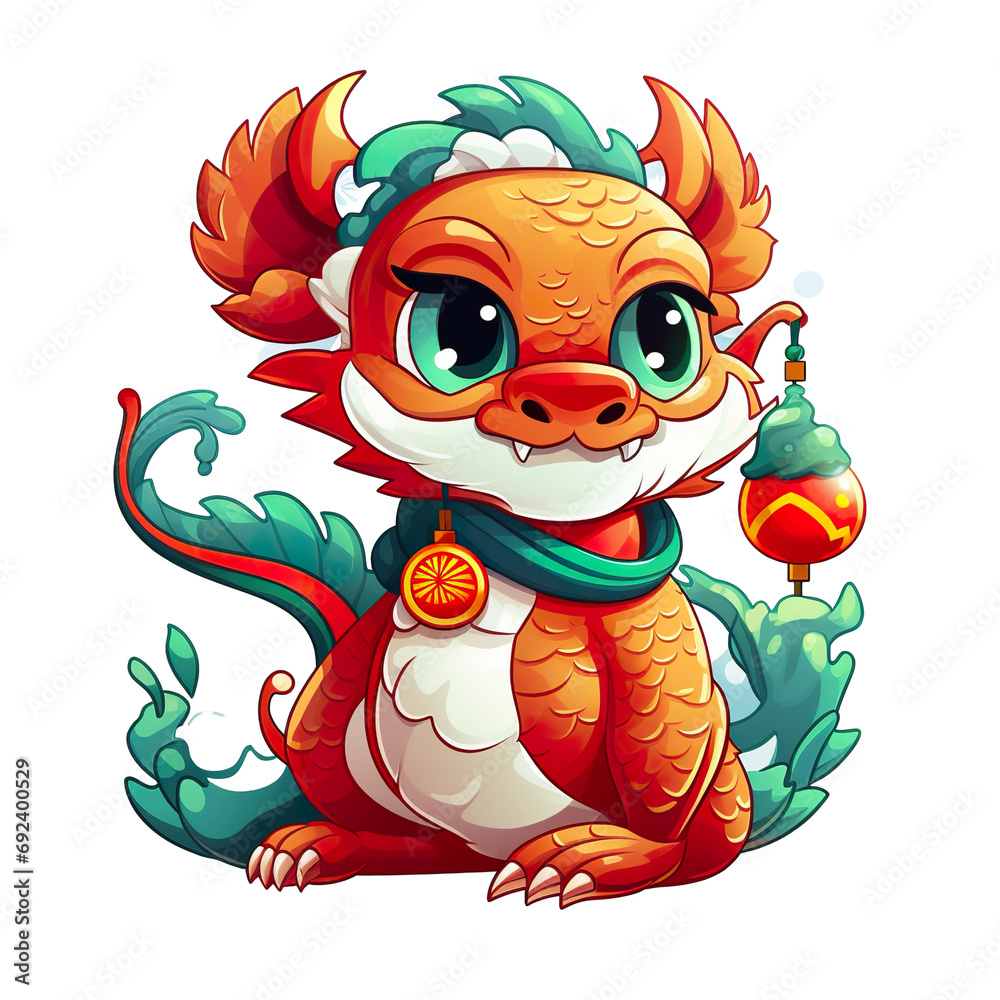 Fototapeta premium cute Chinese dragon Christmas and Lunar New Year theme, white isolated background PNG, cartoon style, animal designations