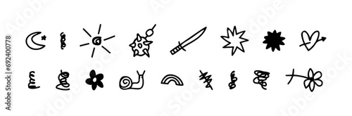 Various tattoo sketch doodle. Hand drawn ink cartoon sribbles in ignorant, grunge style. Rough moon, flower, snail, star, snail, sword, heart and morgenshtern. (Full Vector)
