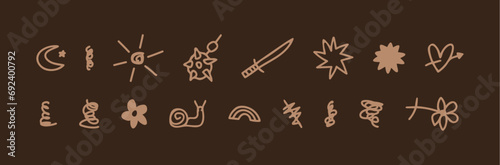 Various tattoo sketch doodle. Hand drawn ink cartoon sribbles in ignorant, grunge style. Rough moon, flower, snail, star, snail, sword, heart and morgenshtern in beige, coffee color. (Full Vector) photo