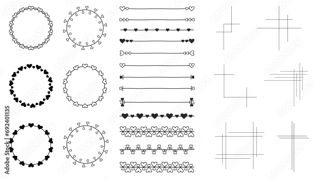  Linear Wreath Hearts Design, Horizontal Line with Hearts , Geometric elements Illustration - obrazy, fototapety, plakaty 