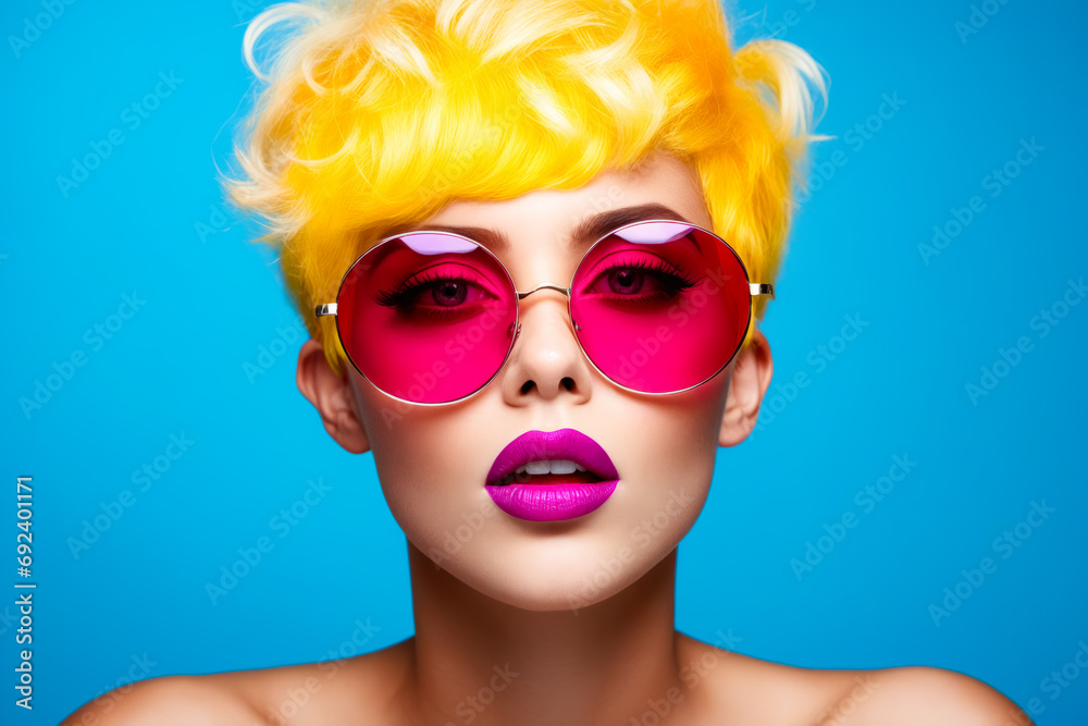Woman with bright yellow hair and pink sunglasses on.